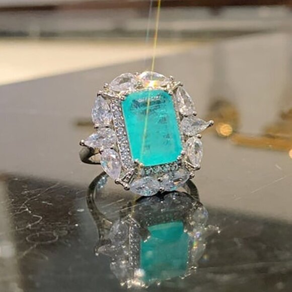 🍂  925 Silver Exclusive Blue Emerald Cut Cubic Zirconia Ring, FB16FA1064 - Picture 3 of 6